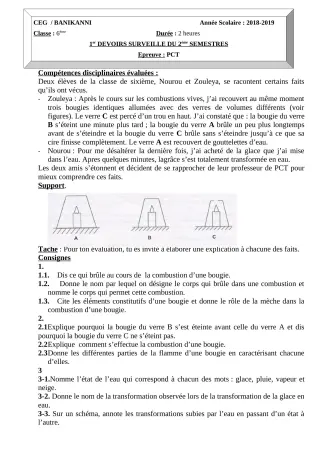 Première page de PCT 6e — 1er devoir surveillé, 2e semestre (2018-2019) · CEG Banikanni