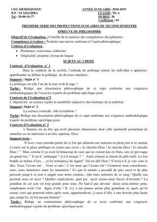 Première page de Philosophie Tle A — 1re production scolaire, 2e semestre (2018-2019) · CEG Mèdédjonou