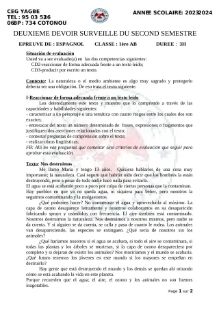 Première page de Espagnol 1ère A2 — 2e devoir surveillé, 2e semestre (2023-2024) · CEG Yagbe