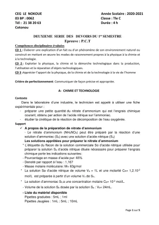 Première page de PCT Tle C — Composition, 1er semestre (2020-2021) · CEG LE NOKOUE