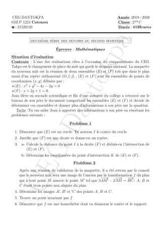 Première page de Mathématiques 2nde C — 2e devoir surveillé, 2e semestre (2019-2020) · CEG Dantokpa