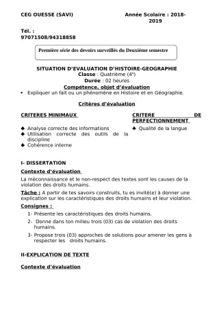Première page de Histoire-Géographie 4e, 4e ML — 1er devoir surveillé, 2e semestre (2018-2019) · Ceg OUESSE