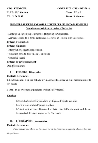 Première page de Histoire-Géographie 2nde A1, 2nde A2, 2nde B — 1er devoir surveillé, 2e semestre (2022-2023) · CEG LE NOKOUE