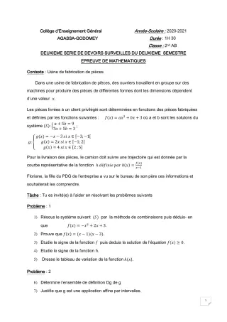 Première page de Mathématiques 2nde A & B — 2e devoir surveillé, 2e semestre (2020-2021) · CEG Agassa Godomey