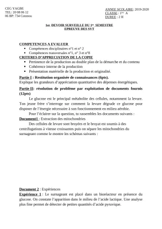 Première page de SVT 1ère C, 1ère D — 1er devoir surveillé, 1er semestre (2019-2020) · CEG Yagbe