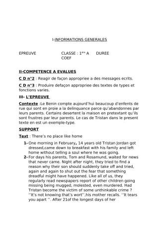 Première page de Devoir surveillé de ANGLAIS — 1ère A — CEG Tchatchou (2018)