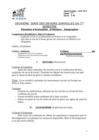 Première page de Histoire-Géographie 3e — 2e devoir surveillé, 1er semestre (2018-2019) · CEG Sékou
