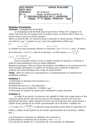 Première page de Mathématiques 1ère D — 2e devoir surveillé, 1er semestre (2022-2023) · CEG ZONGO