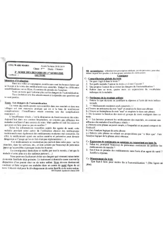 Première page de Devoir surveillé de FRANCAIS LECTURE — 4e, 4e ML — CEG WARI MARO (2018)