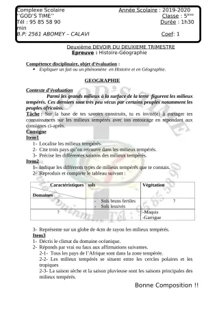 Première page de Histoire-Géographie 6e — Composition, 2e trimestre (2019-2020) · CPEG GOD'S TIME