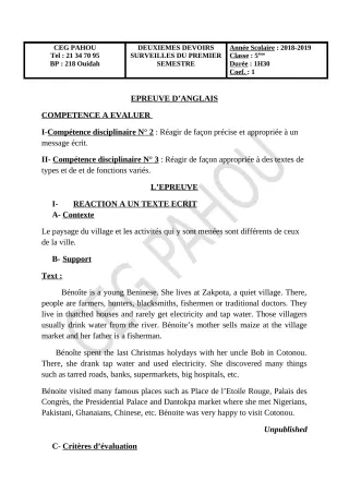 Première page de Anglais 5e — Devoir surveillé, 1er semestre (2018-2019) · CEG PAHOU