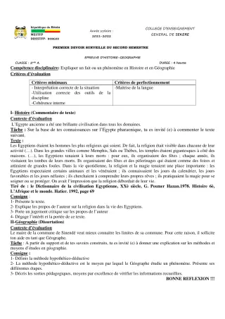 Première page de Histoire-Géographie 2nde A2 — 1er devoir surveillé, 2e semestre (2021-2022) · CEG SEKERE