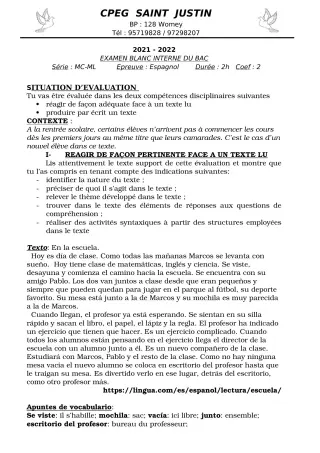 Première page de Examen Blanc de ESPAGNOL — 3e, 3e ML, Tle A1, Tle A2, Tle B — CPEG SAINT Justin (2021)