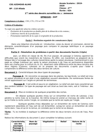 Première page de SVT 4e ML — 1er devoir surveillé, 1er semestre (2019-2020) · CEG AZOHOUE-ALIHO