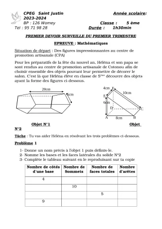 Première page de Mathématiques 5e — 1er devoir surveillé, 1er trimestre (2023-2024) · CPEG SAINT Justin