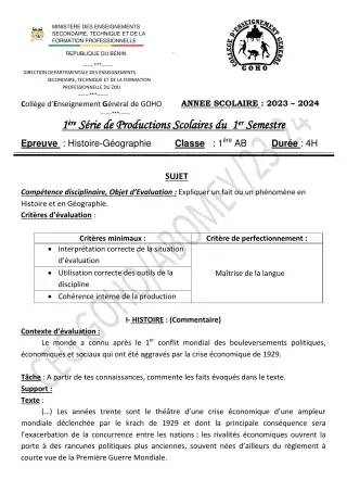 Première page de Histoire-Géographie 1ère A & B — 1re production scolaire, 1er semestre (2023-2024) · CEG GOHO