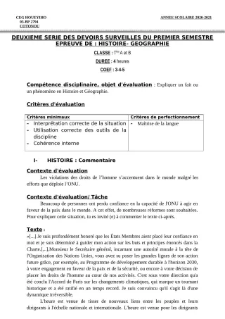 Première page de Histoire-Géographie 6e, 5e, 4e, 3e, 3e ML, 2nde A, 2nde A1, 2nde A2, 2nde B, 2nde C, 2nde D, 1ère A1, 1ère A2, 1ère B, 1ère C, 1ère D, Tle A1, Tle A2, Tle B, Tle C, Tle D — 2e devoir surveillé, 1er se