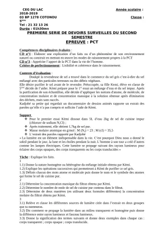 Première page de PCT 5e — 1er devoir surveillé, 2e semestre (2018-2019) · CEG du Lac