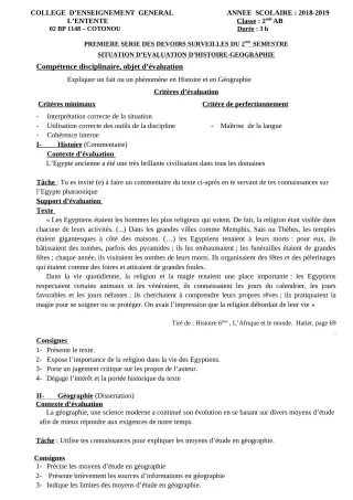 Première page de Histoire-Géographie 2nde A2, 2nde B — 1er devoir surveillé, 2e semestre (2018-2019) · CEG L'Entente