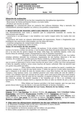 Première page de Espagnol 1ère A1, 1ère A2, 1ère B — 2e devoir surveillé, 1er semestre (2019-2020) · CEG 1 Akpakpa-Centre