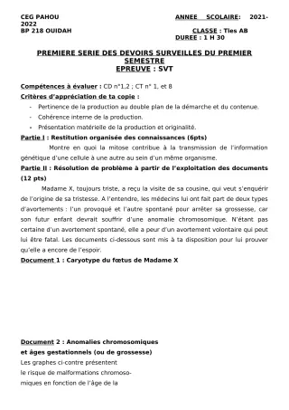 Première page de SVT Tle A2, Tle B — 1er devoir surveillé, 1er semestre (2021-2022) · CEG PAHOU