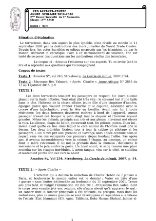Première page de Français 2nde A1, 2nde A2, 2nde B, 2nde C, 2nde D — 2e devoir surveillé, 1er semestre (2019-2020) · CEG 1 Akpakpa-Centre