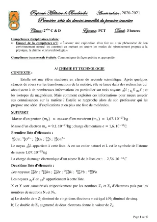 Première page de PCT 2nde C, 2nde D — 1er devoir surveillé, 1er semestre (2020-2021) · PMB