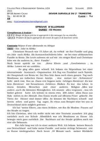 Première page de Allemand Tle A2, Tle B — 1er devoir surveillé, 2e trimestre (2020-2021) · CPEG LICA
