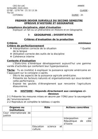 Première page de Histoire-Géographie Tle C, Tle D — 1er devoir surveillé, 2e semestre (2020-2021) · CEG du Lac