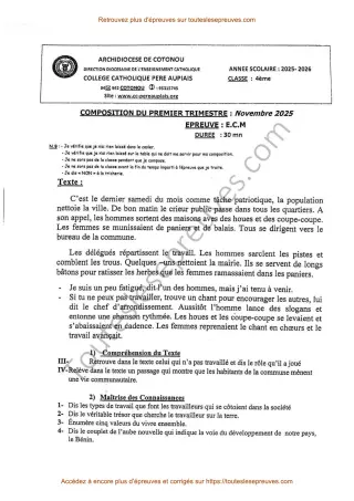 Première page de ECM 4ème – Composition du 1er trimestre 2025-2026 – Travaux communautaires et valeurs du vivre ensemble – Collège Catholique Père Aupiais