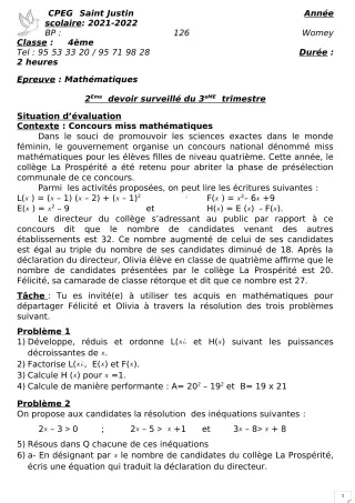 Première page de Mathématiques 4e — 2e devoir surveillé, 3e trimestre (2021-2022) · CPEG SAINT Justin