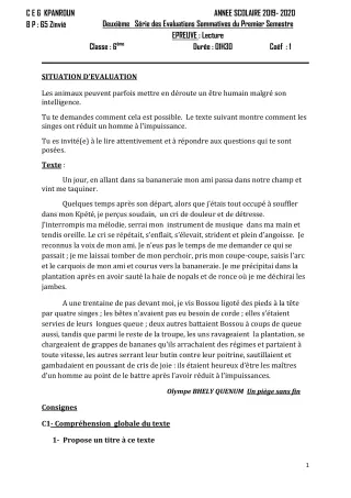 Première page de Français 6e, 5e, 4e, 4e ML, 3e, 3e ML, 2nde A, 2nde D, 1ère A, 1ère A2, 1ère D, Tle A2, Tle D — 2e évaluation sommative, 1er semestre (2019-2020) · CEG Kpanroun