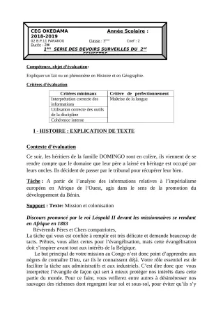 Première page de Histoire-Géographie 3e — 1er devoir surveillé, 2e semestre (2018-2019) · CEG OKEDAMA