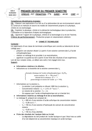 Première page de PCT Tle D — 1er devoir surveillé, 1er semestre (2020-2021) · CEG 2 Djougou