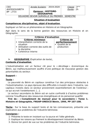 Première page de Histoire-Géographie 3e, 3e ML — 2e devoir surveillé, 1er semestre (2019-2020) · CEG Ahossougbéta