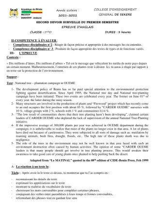 Première page de Anglais 2nde D — 2e devoir surveillé, 1er semestre (2021-2022) · CEG SEKERE