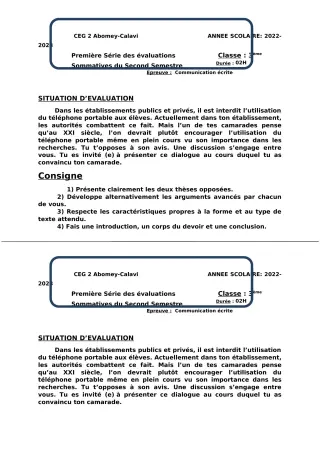Première page de Français 3e — 1re évaluation sommative, 2e semestre (2022-2023) · CEG2 ABOMEY - CALAVI (CEG ZOCA)
