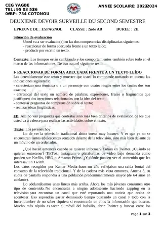 Première page de Espagnol 2nde A, 2nde A2 — 2e devoir surveillé, 2e semestre (2023-2024) · CEG Yagbe