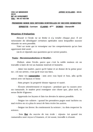 Première page de Français 6e — 1er devoir surveillé, 2e semestre (2018-2019) · CEG Le Méridien