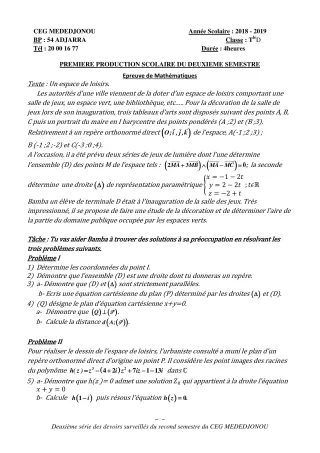 Première page de Mathématiques 6e, 5e, 4e, 4e ML, 3e, 3e ML, 2nde A, 2nde D, 1ère A, 1ère D, Tle A, Tle D — 2e devoir surveillé, 2e semestre (2018-2019) · CEG Mèdédjonou