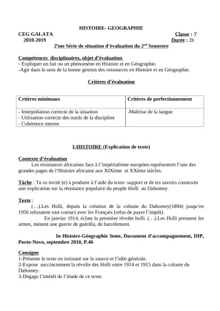 Première page de Histoire-Géographie 6e, 5e, 4e, 4e ML, 3e, 3e ML — 2e semestre (2018-2019) · CEG Galata