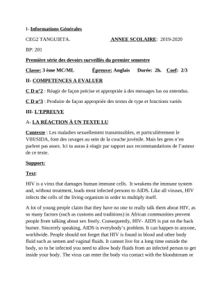 Première page de Anglais 3e, 3e ML — 1er devoir surveillé, 1er semestre (2019-2020) · CEG2 TANGUIETA