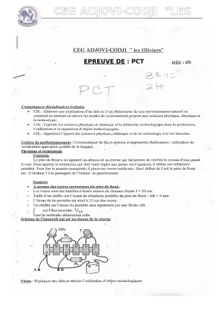 Première page de Devoir surveillé de PCT — 3e — CEG ADJOVICODJI 'LES OLIVIERS' (2019)