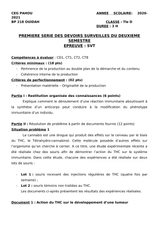 Première page de SVT Tle D — 1er devoir surveillé, 2e semestre (2020-2021) · CEG PAHOU