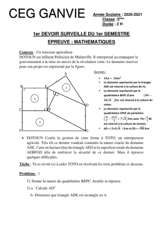 Première page de Mathématiques 4e — 1er devoir surveillé, 1er semestre (2020-2021) · CEG Ganvié