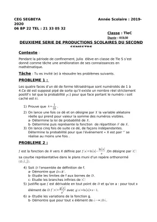Première page de Mathématiques 3e, Tle C — 2e production scolaire, 2e semestre (2019-2020) · CEG SEGBEYA
