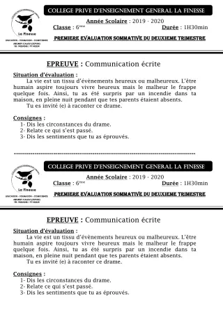 Première page de Français 6e — 1re évaluation sommative, 2e trimestre (2019-2020) · CPEG La Finesse