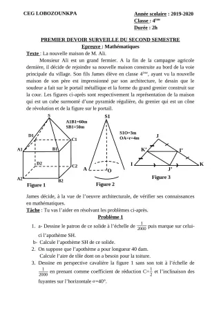 Première page de Mathématiques 5e, 4e, 4e ML — 1er devoir surveillé, 2e semestre (2019-2020) · CEG Lobozounkpa