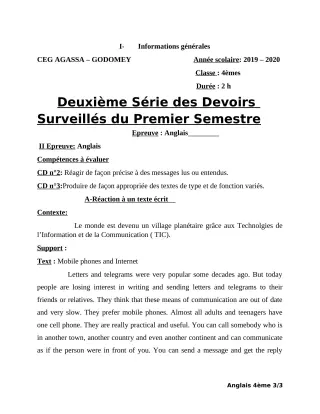 Première page de Anglais 4e, 4e ML — 2e devoir surveillé, 1er semestre (2019-2020) · CEG Agassa Godomey