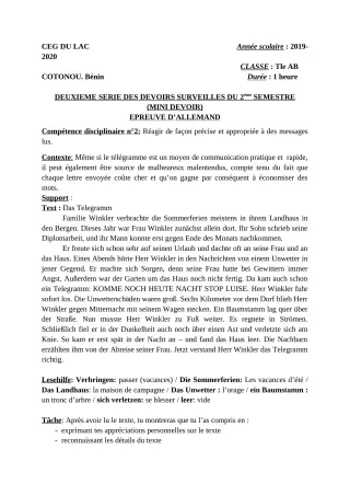 Première page de Allemand Tle B — 2e devoir surveillé, 2e semestre (2019-2020) · CEG du Lac